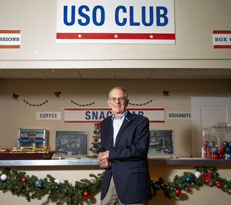 Wilbur Jones stands inside the Hannah Block Historic USO building in downtown Wilmington on November 14, 2023. Jones lived in Wilmington during WWII and was instrumental in having Wilmington designated as America’s first WWII heritage city.